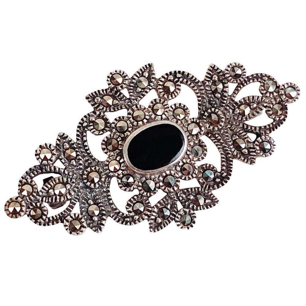 Vintage Sterling Filigree Marcasite Onyx Brooch Mid Century Art Deco Revival Pin